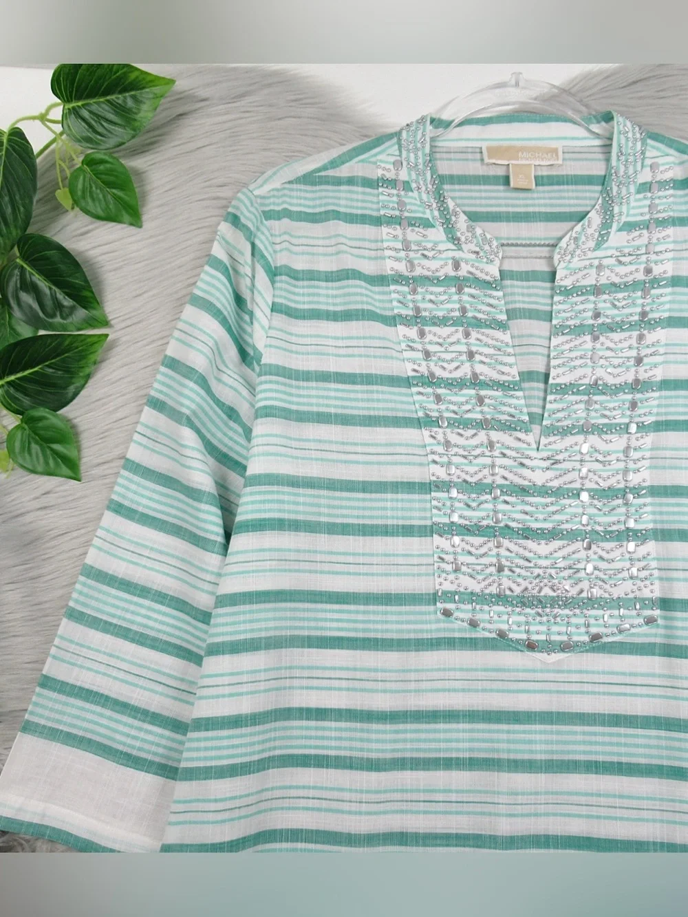 MICHAEL KORS Green and White Striped Studded Tunic Top - Women's Size XL
